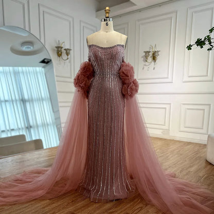 Luxury Pink Beaded Mermaid  Arabic Evening Dress with Cape LA73019