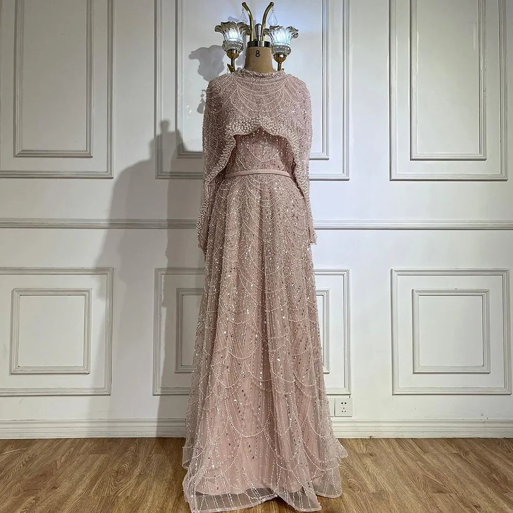 Luxury Modest Sage Green Evening Dress with Pearls LA72032B
