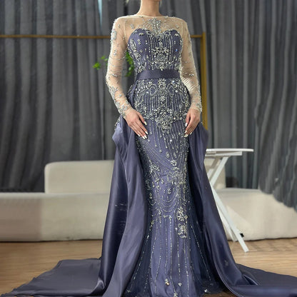 Luxury Dubai Blue Crystal Beaded Evening Dress with Overskirt LA72757