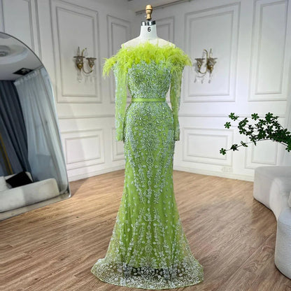 Luxury Dubai Green Long Sleeves Feathers Beaded Evening Dress LA72553