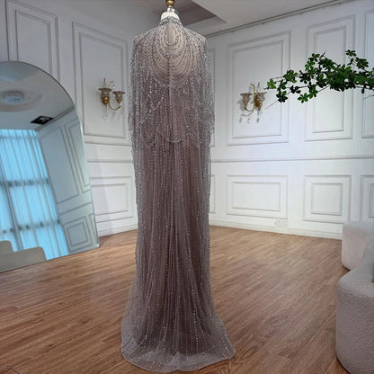 Luxury Silver Nude Beaded Mermaid Evening Dress with Cape LA72484A