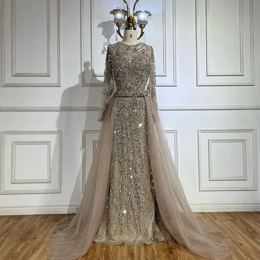 Luxury Dubai Turquoise Beaded Evening Dress with Tulle LA72601