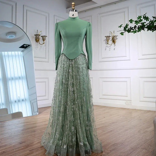 Luxury Sage Green Muslim Beaded Evening Dress LA72805A