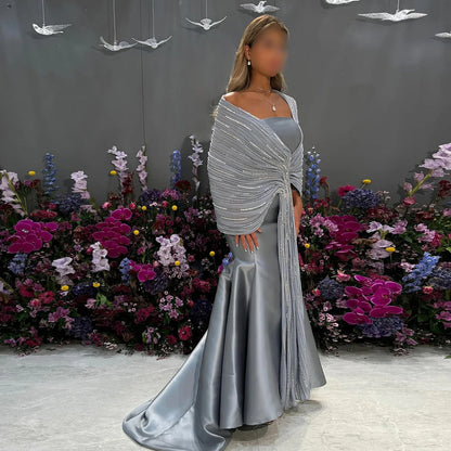 Luxury Dubai Grey Peach Arabic Evening Gown with Ruffles Shawl LA73270