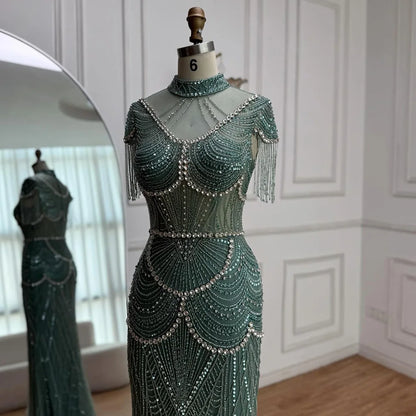 Luxury Turquoise High Neck Beaded Tassel Evening Dress for Women LA73112