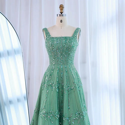 Elegant Sage Green Beaded A-Line Evening Dress LA73064