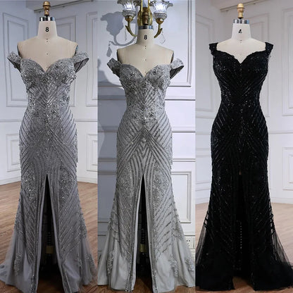 Luxury Silver Gray Off Shoulder Mermaid Evening Dress LA73018