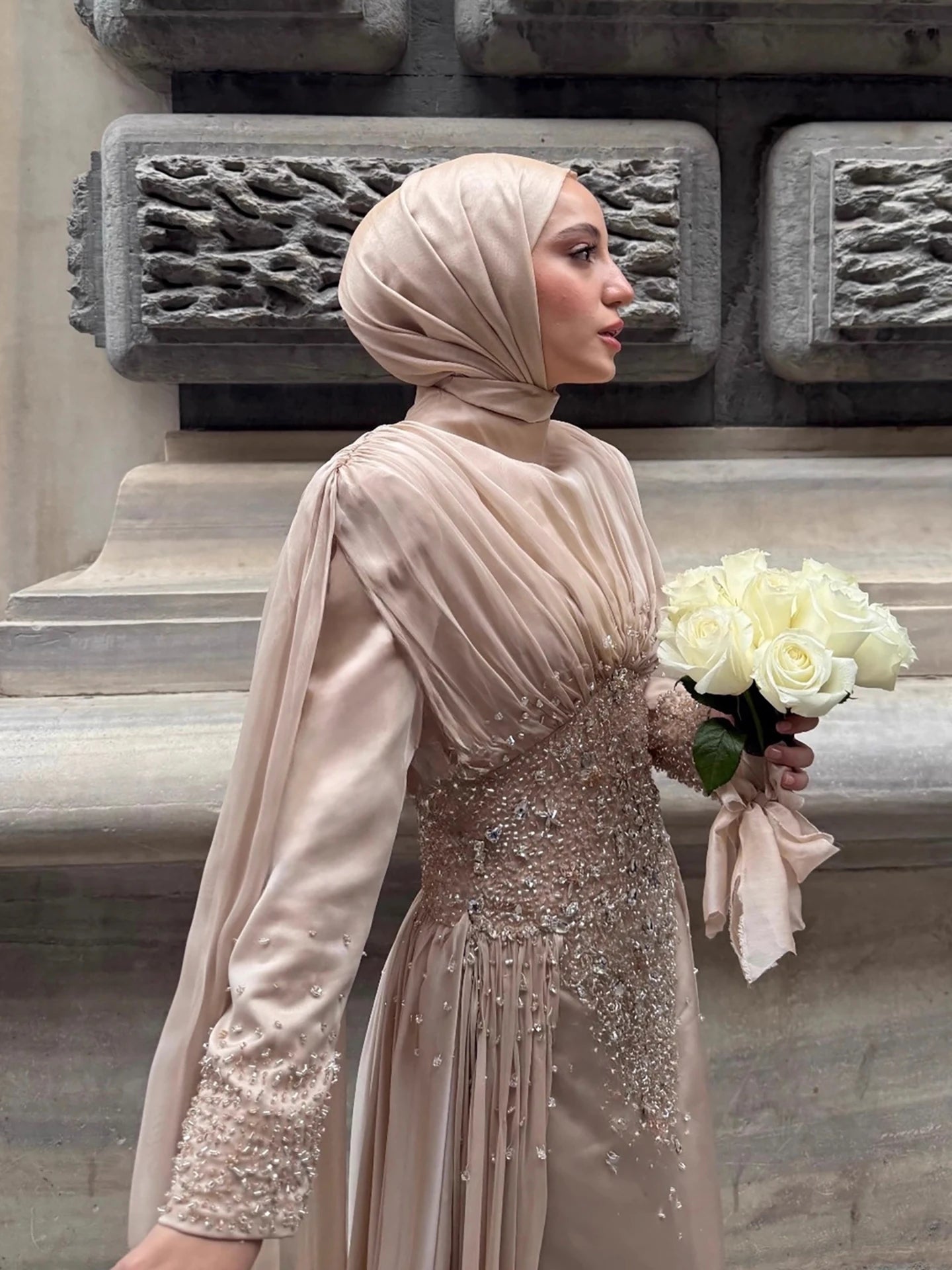 Luxury Caramel Crystal Beaded Mermaid Muslim Evening Dress LA73427