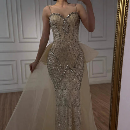 Luxury Pink Crystal Beaded Mermaid Evening Dress with Overskirt LA73143