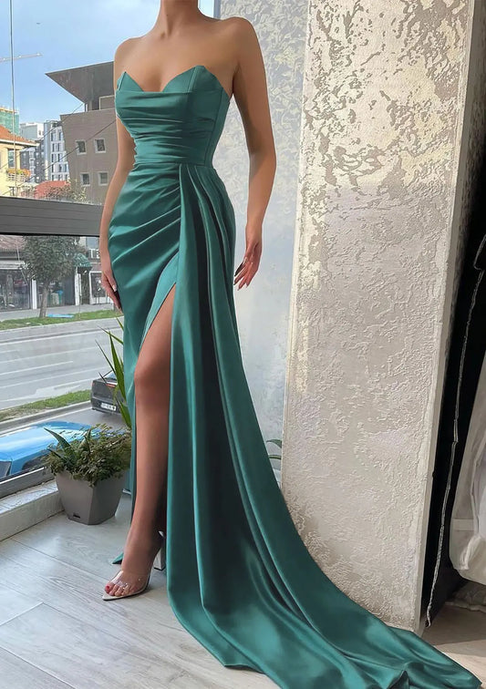 Serene Hill  Arabic Green Mermaid Sweetheart Court Satin Prom Dress with Pleated Split for Women's Party LA72686
