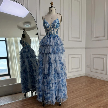 Elegant  Blue Tiered Spaghetti Strap A-Line Evening Dress LA73171