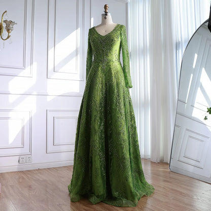 Luxury Lime Green Lace Beaded Long Sleeve Evening Dress LA73324