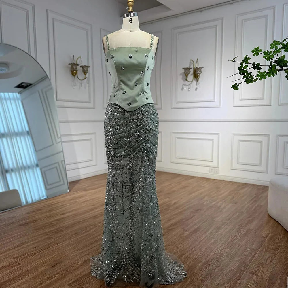 Luxury Sage Green Beaded 1 Pieces Evening Dress LA72977