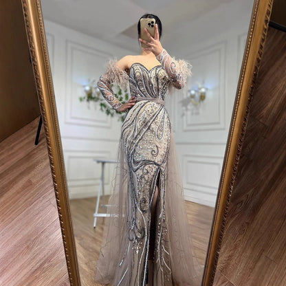Luxury Arabic Nude Mermaid High Split Feather Beaded Evening Dress LA71910