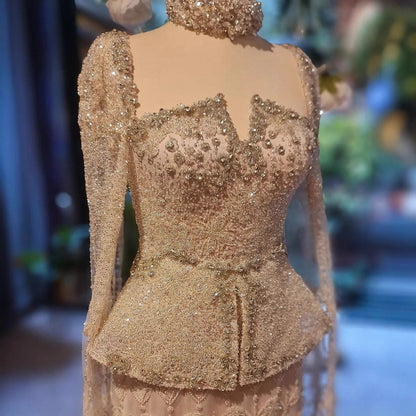 Luxury Silver Dubai Crystal Beaded Evening Dress with Cape LA73274