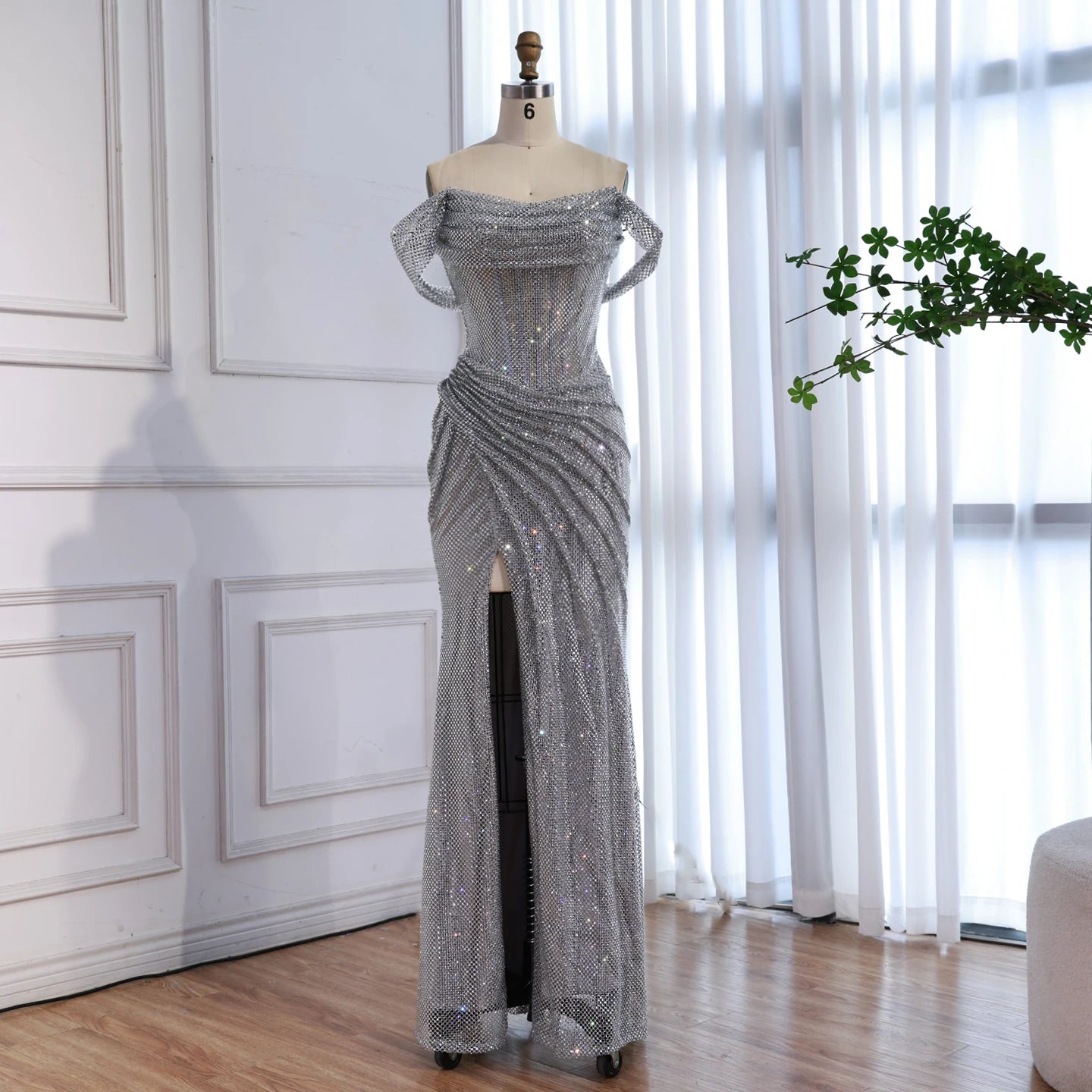 Luxury Silver Diamond Corset Off Shoulder Mermaid Evening Dress LA73410