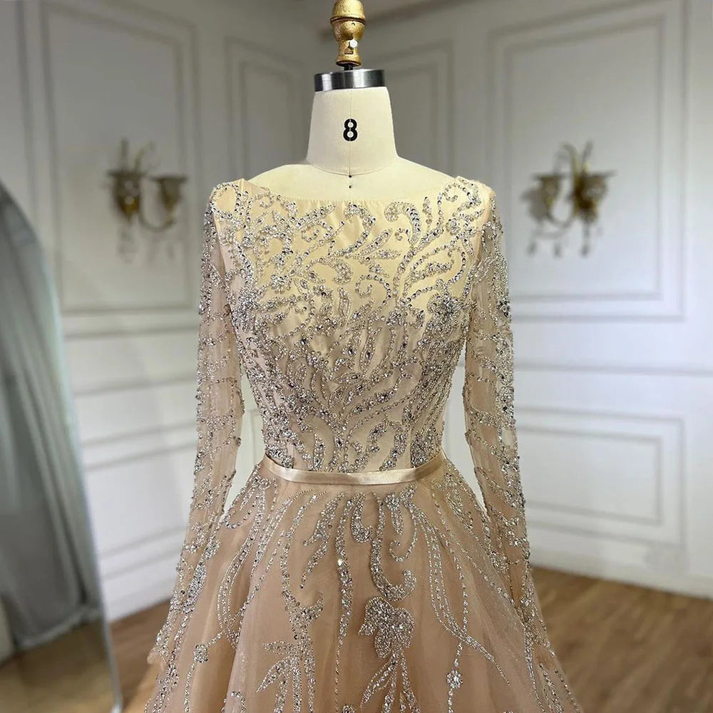 Muslim Nude A-Line Beaded Evening Dress with Long Sleeves LA71596A