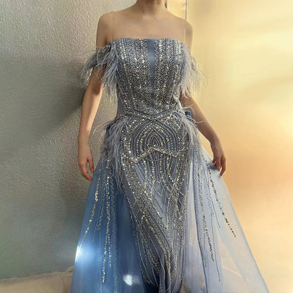 Luxury Dubai  Blue Mermaid Gown Luxury Feathers Beaded Saudi Evening Dress with Overlay Skirt for Formal Occasion LA72727
