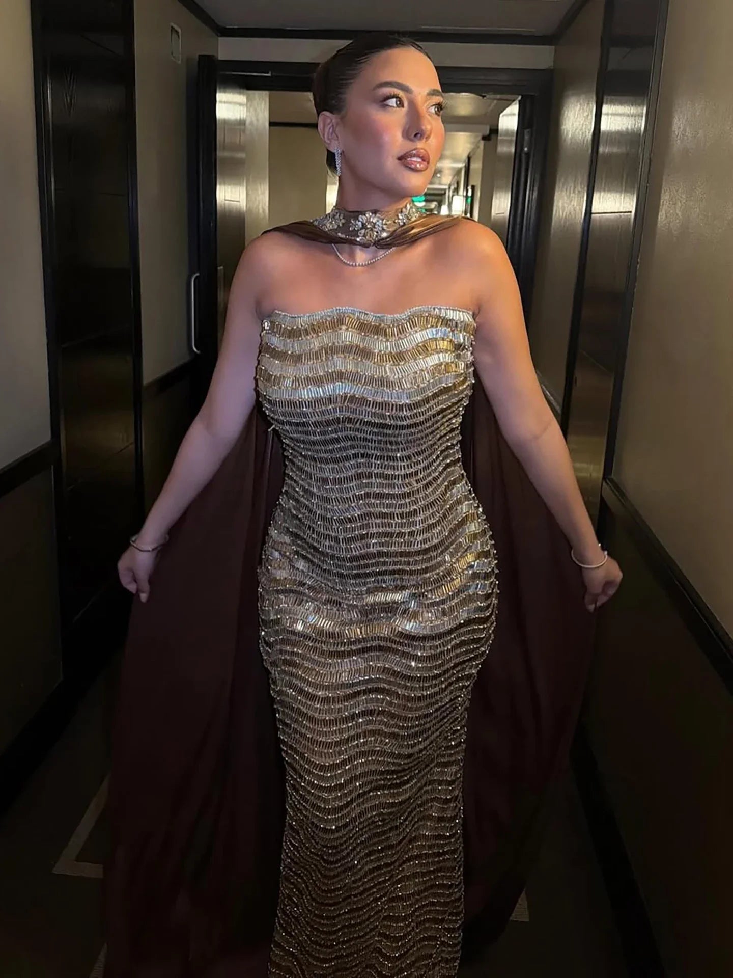 Luxury Caramel Beaded Mermaid Evening Dress LA73447