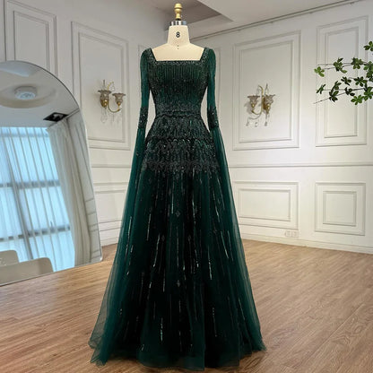 Luxury Green A-LineBeaded  Evening Dress with Cape Sleeves LA73089