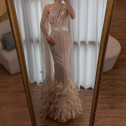 Elegant Nude One Shoulder Feather Beaded Mermaid Evening Dress LA71096