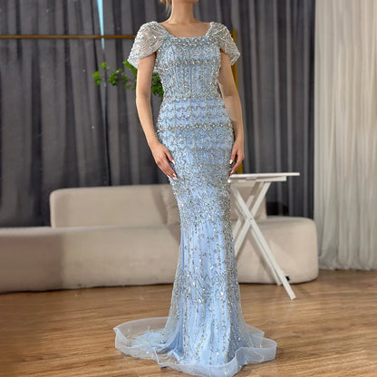 Luxury White Mermaid Beaded Evening Dress with Short Sleeves LA72714