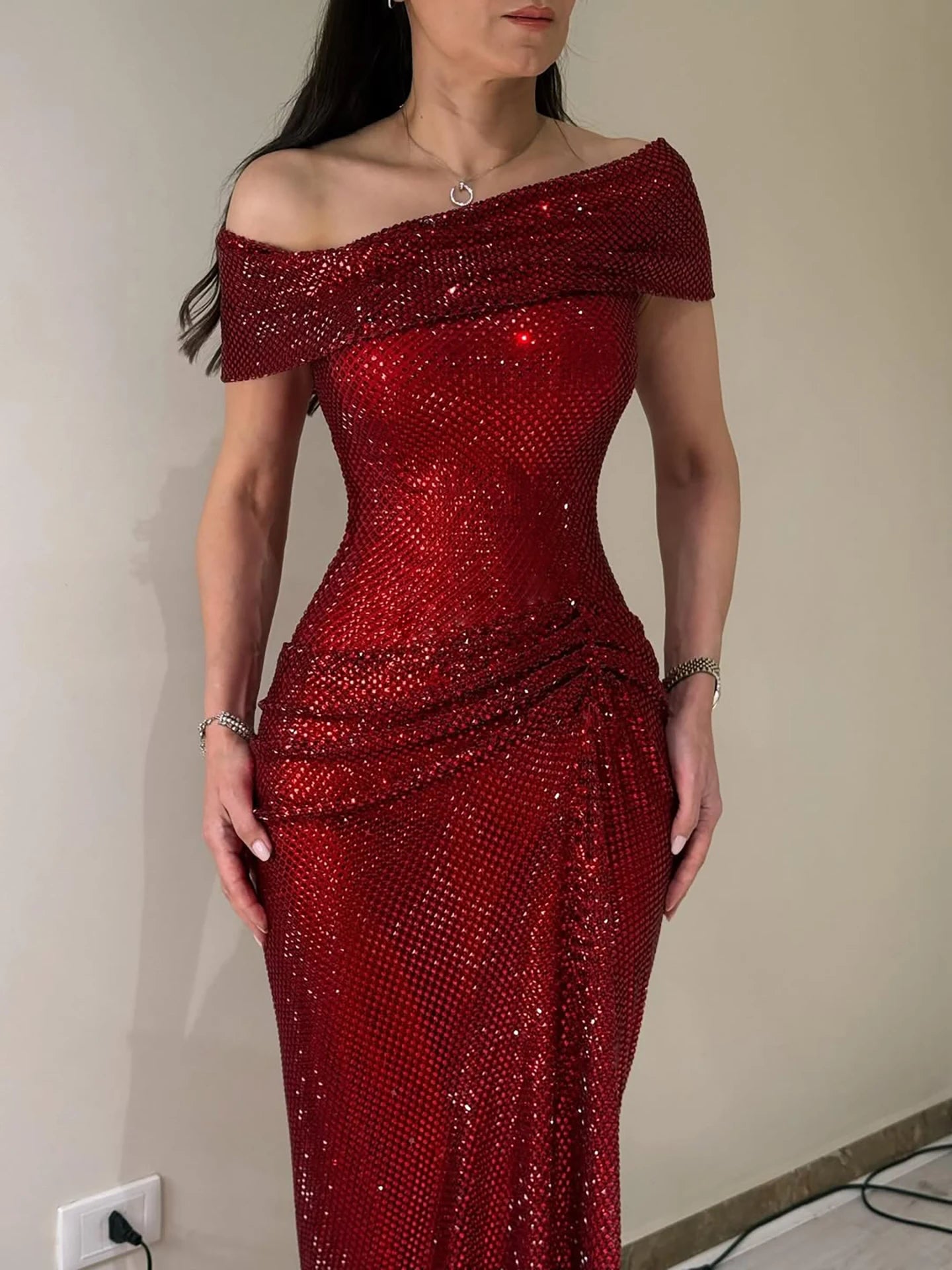 Red Beaded Mermaid Gown | Serene Hill Dubai LA73437