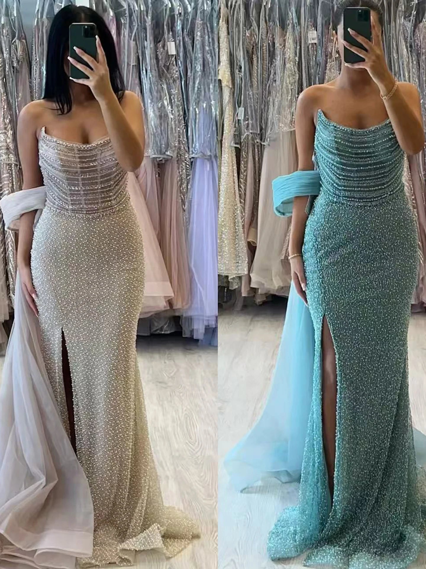 Luxury Evening Dress Nude BeadedSheath Gown With Tulle Train LA73388