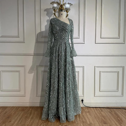 Luxury Turquoise Beaded A-Line Evening Dress with Puffy Sleeves LA73177