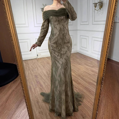 Elegant Olive Green Evening Dress with Lace Sleeves LA72942