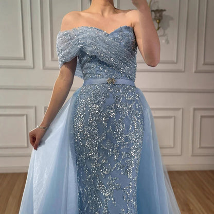 Luxury Arabic Blue One Shoulder Mermaid Evening Dress LA73378