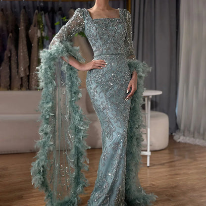 Luxuriöses Dubai-Abendkleid mit ausgestellten Ärmeln, Meerjungfrau-Stil, türkisfarbenen Perlen und Federn, für formelle Anlässe, LA72767 