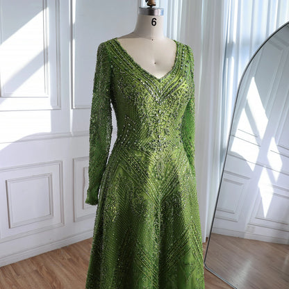 Luxury Lime Green Lace Beaded Long Sleeve Evening Dress LA73324