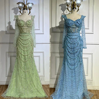 Serene Hill  Arabic Sage Green Sweetheart Mermaid Pearls Beaded Luxury Dubai Evening Gown for Women's Party LA72660