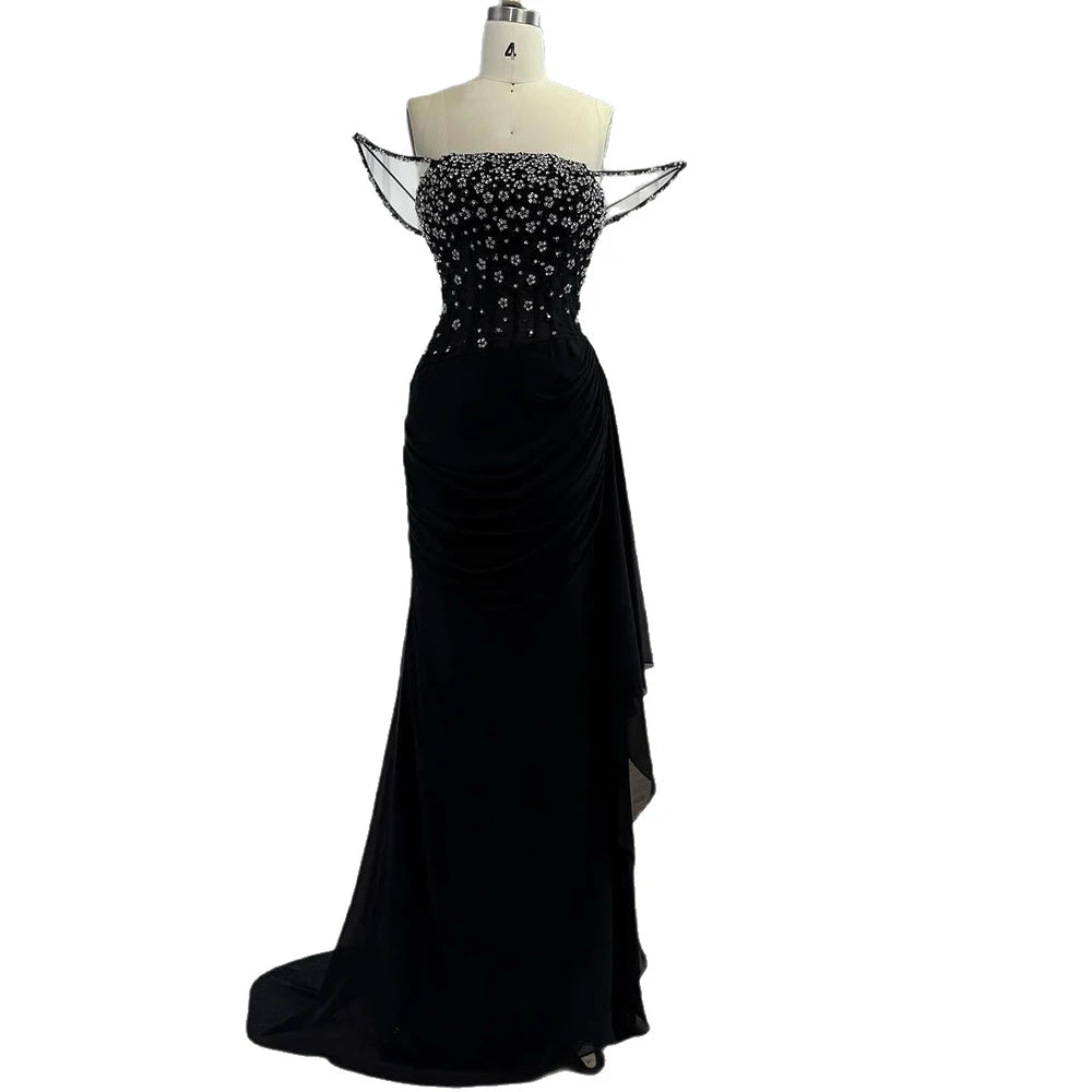 Luxury Black Beaded Mermaid Prom Dress with Spaghetti Straps LA73047