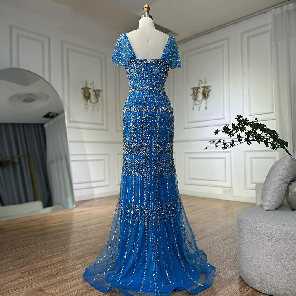 Luxury White Mermaid Beaded Evening Dress with Short Sleeves LA72714