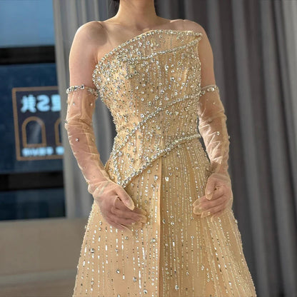 Luxury Nude Crystal Beaded A-Line Evening Dress with Split LA72949