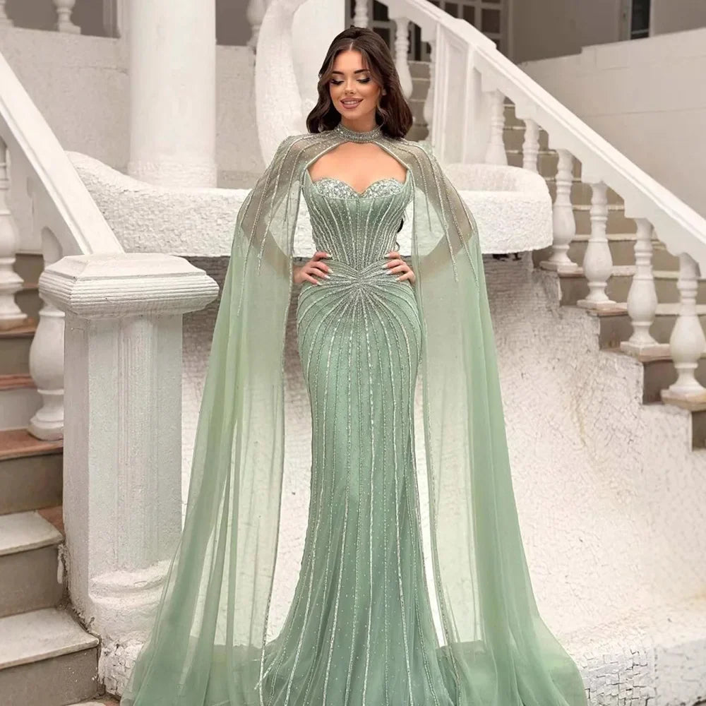 Nude Luxury Beaded Mermaid Evening Gown with Cape Sleeves LA72811A