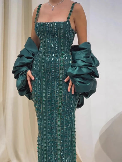 Luxury Kosovo Green Square Beaded Evening Dress with Cape LA73355