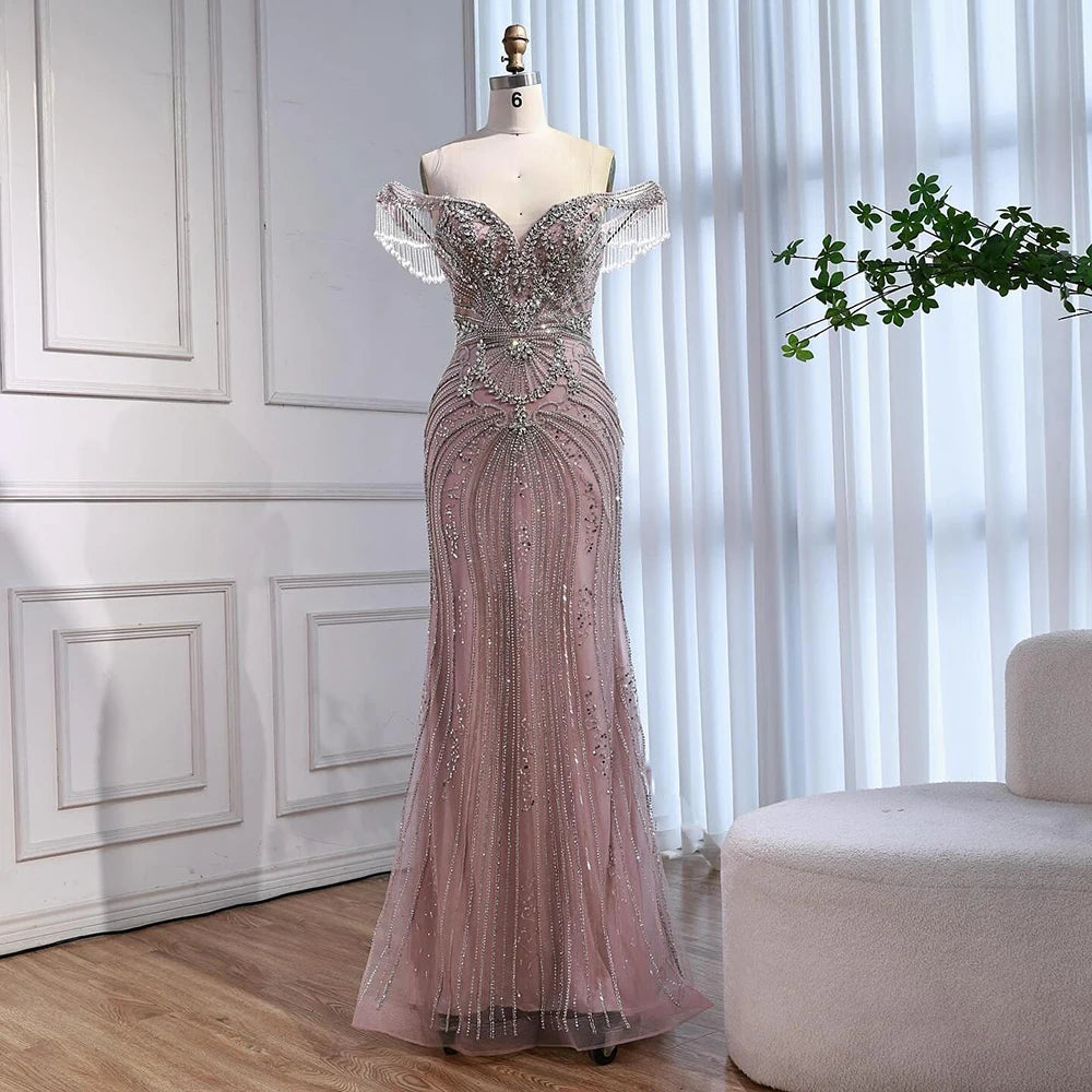 Luxury Pink Crystal Tassel Off Shoulder Evening Dress Dubai LA73204