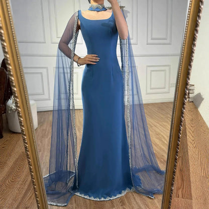 Luxury Blue Mermaid Beaded Evening Dress with Cape Sleeves LA72086