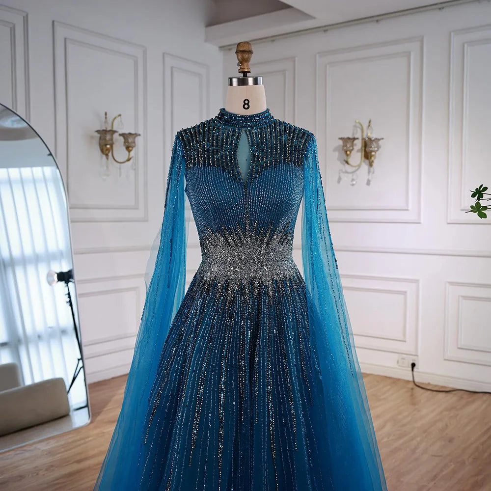 Luxury Modest Blue Beaded Evening Dress with Cape LA73059