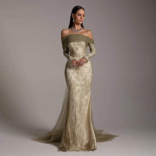 Olive Green Off Shoulder Beaded Evening Dress Gown with Lace Sleeves LA72942