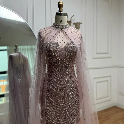 Luxury Pink Beaded Cape Sleeve Arabic Evening Dress LA73134