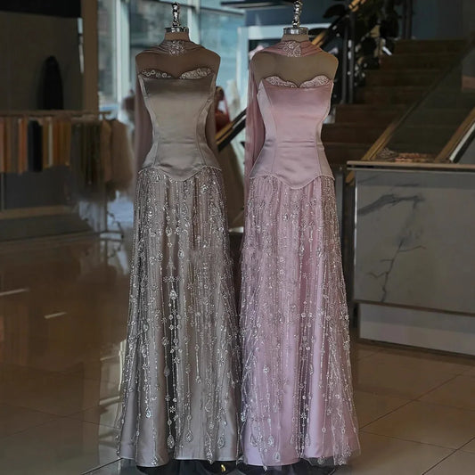 Luxury Sage Green and Pink Arabic Strapless Beaded Evening Dress LA72805D