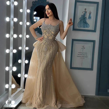 Luxury Dubai Nude Saudi Beaded Spaghetti Strap Evening Dress with Overskirt LA72810