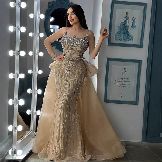 Luxury Dubai Nude Saudi Beaded Spaghetti Strap Evening Dress with Overskirt LA72810