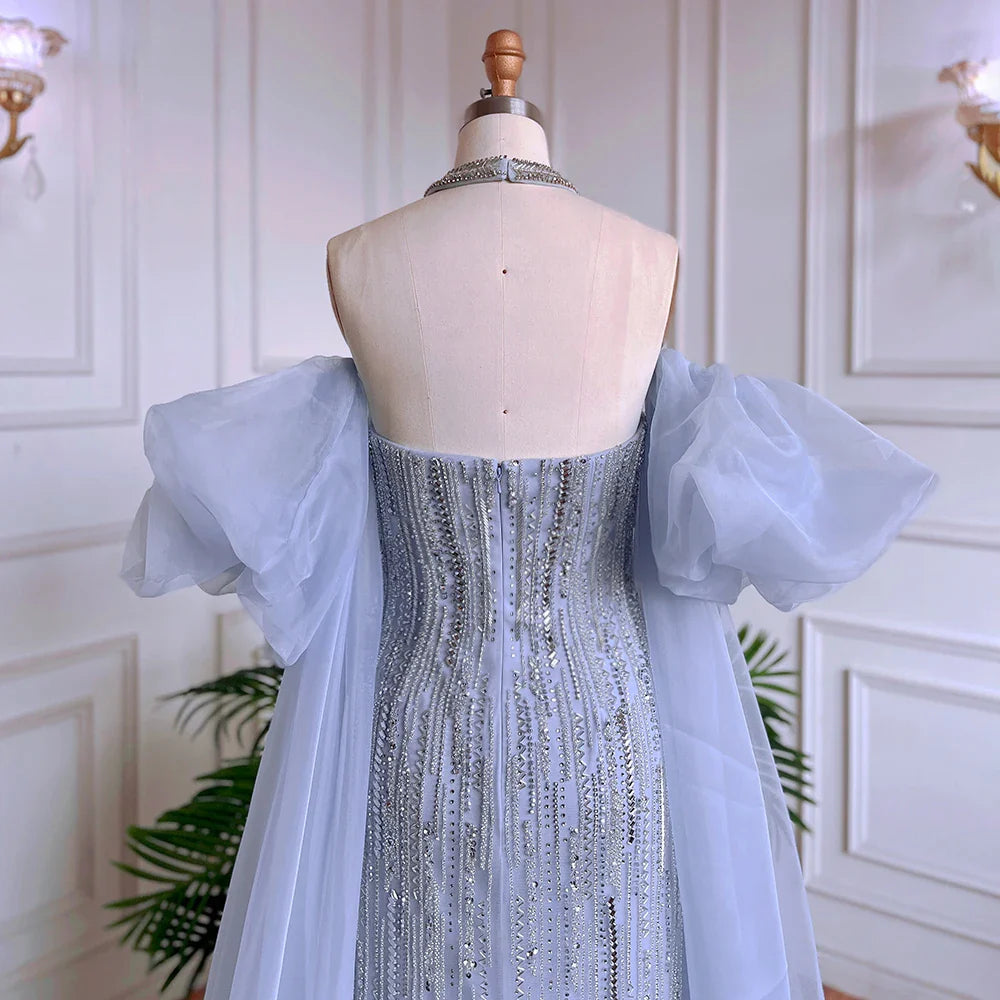 Luxury Dubai Arabic Blue Mermaid Balloon Sleeves Beaded Evening Dresses LA71823