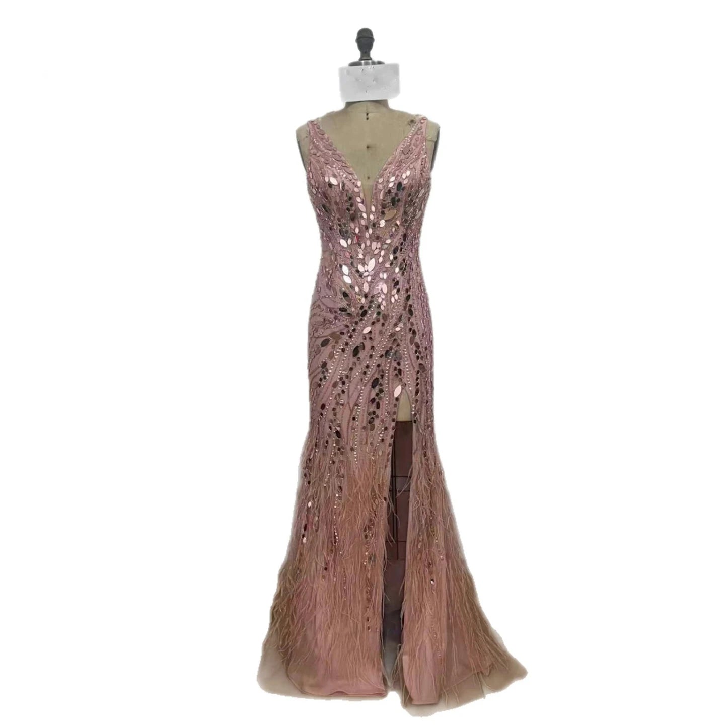 Luxuriöses blaues Meerjungfrauen-Abendkleid mit Perlen und Federn LA73369