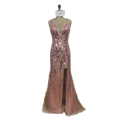 Luxuriöses blaues Meerjungfrauen-Abendkleid mit Perlen und Federn LA73369